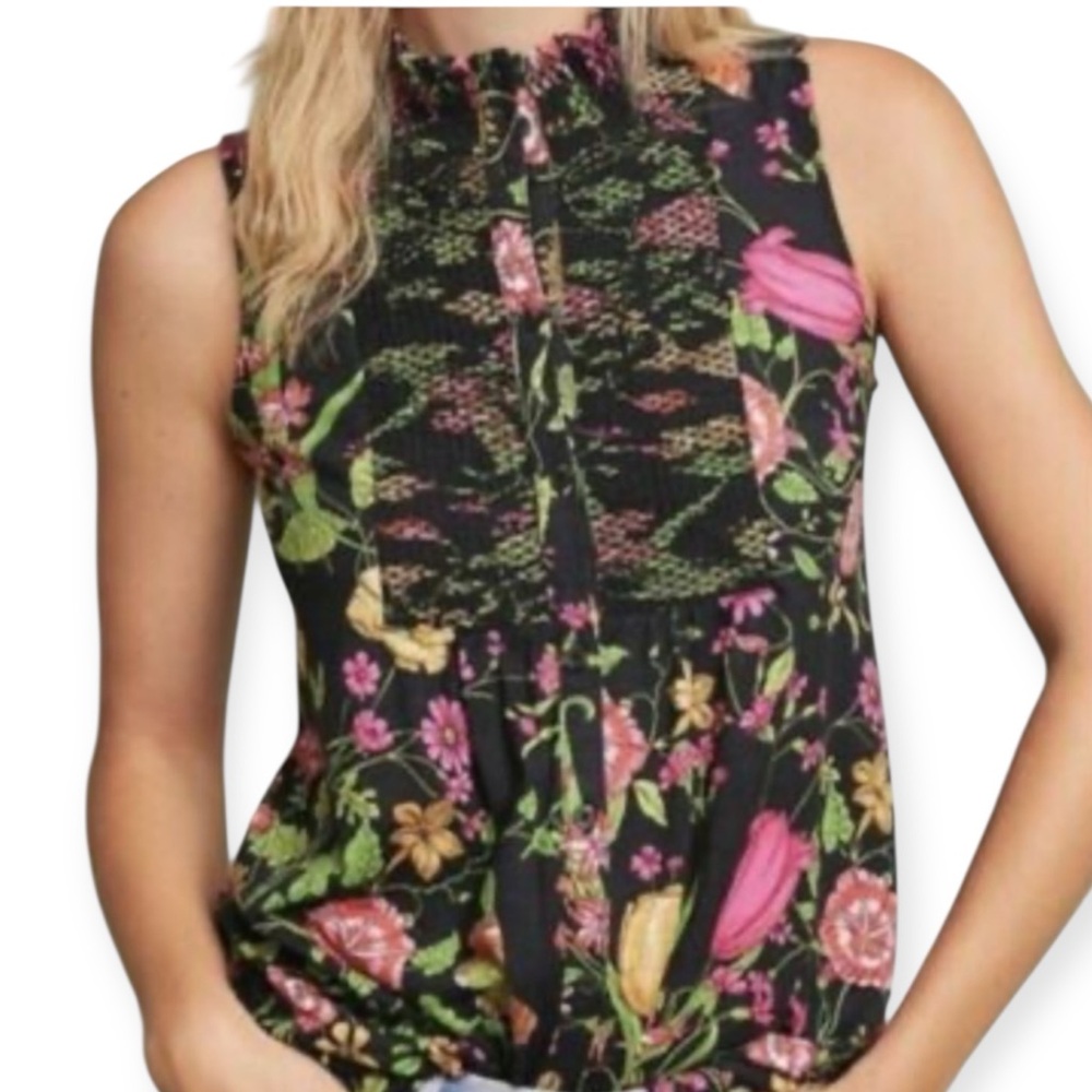 {Anthro} Akemi + Kin Floral Butterfly Tunic Smocked Blouse (size S)